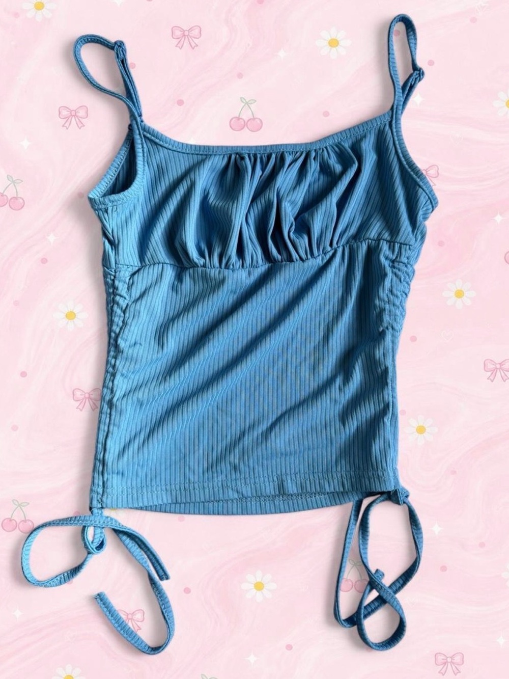 Blue Ribbed Tie-Hem Cami Tank Top